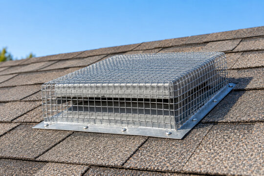 Galvanized wire mesh guard screwed over roof vent on shingles - wildlife exclusion and animal proofing