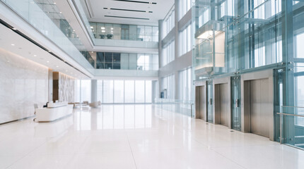 Fototapeta premium Extremely bright spacious modern corporate facility lobby featuring white marble floor beside glass elevator shafts and distant reception desk without people