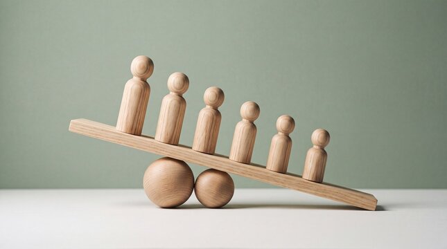 Wooden figures of varying sizes standing on a tilted wooden plank balanced on two spheres with figures decreasing height against plain background