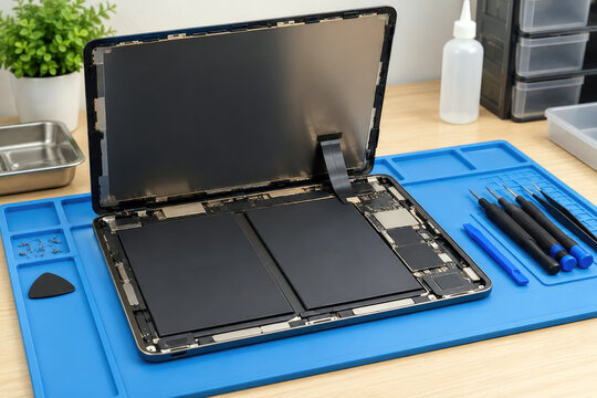 Opened tablet with lifted screen showing battery cells and ribbon cable - tablet repair and battery replacement