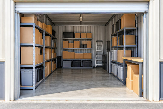 Open self storage unit with boxes and plastic bins on metal shelves - organized storage rental space
