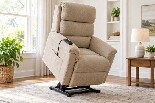 Power lift recliner chair in raised position in living room - senior mobility aid and aging in place concept