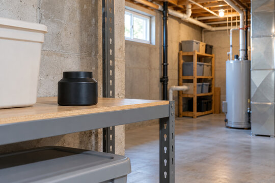Radon test kit canister on storage shelf in clean basement - home radon testing and indoor air quality concept