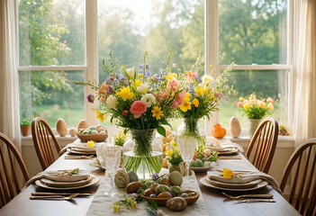 Fototapeta premium Easter brunch table setting, spring holiday celebration with fresh wildflower bouquets and decorative eggs in a bright dining room with garden view
