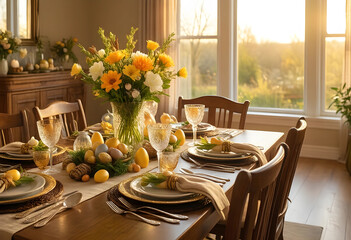 Fototapeta premium Easter brunch table setting, spring holiday celebration with floral centerpiece and decorative eggs in a sunlit dining room for family gathering