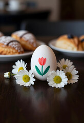 Fototapeta premium Easter celebration and spring holiday concept, painted egg with tulip flower design surrounded by fresh daisy blossoms on a rustic wooden table surface