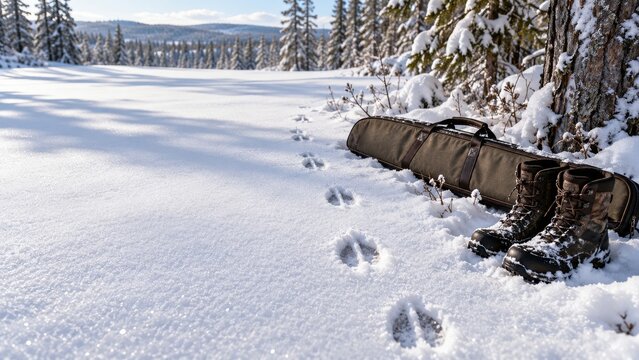 Deer tracks in fresh snow beside a closed rifle case and dark winter boots