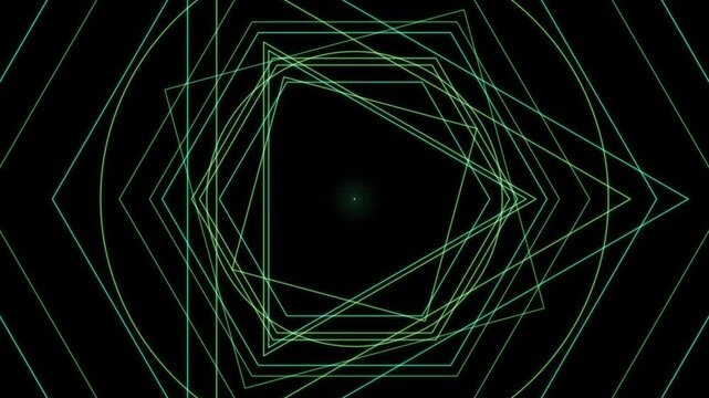 Geometric wireframes rotate infinitely against a dark background