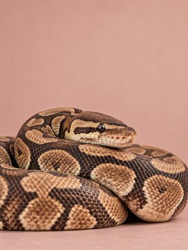 Brown patterned ball python in relaxed coils beneath muted blush copy space