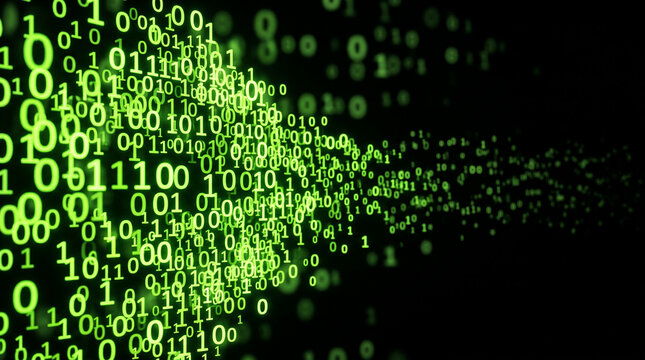 Glowing green binary code stream flowing through dark digital space