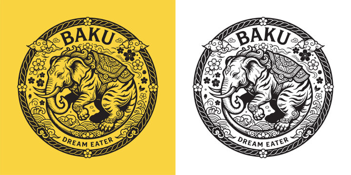 Baku Dream Eater Mythical Japanese Elephant Chimera Vector Badge