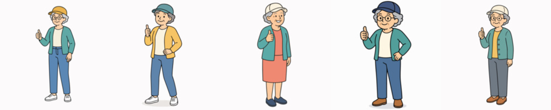 Set of vector illustrations of a grandmother standing and giving a thumbs-up.