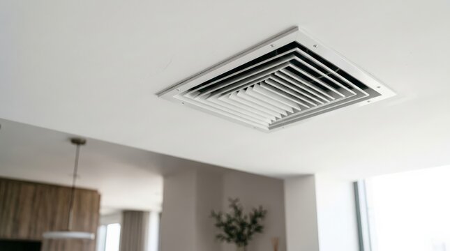 A close up view of a modern ceiling air vent in a contemporary interior, representing smart thermostat climate control solutions for energy efficiency and indoor comfort