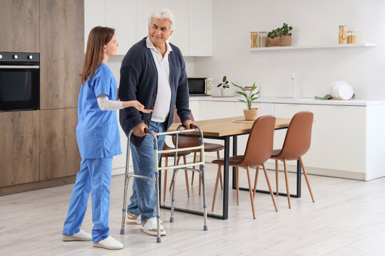 Home care and elderly assistance, nurse helping senior man with walker in modern kitchen for rehabilitation and independent living support at home