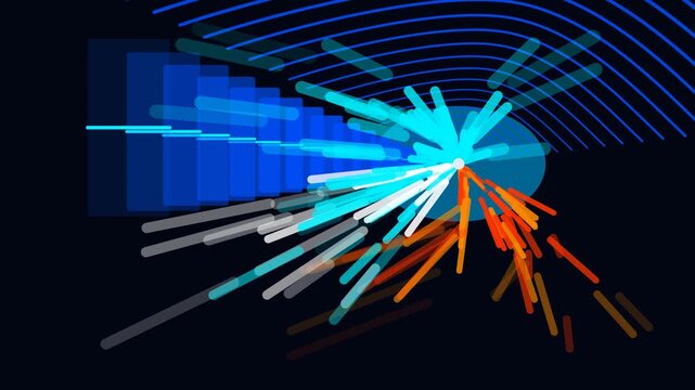 Abstract particle explosion and data burst animation in blue and orange, glowing digital network motion background, for tech and, science projects