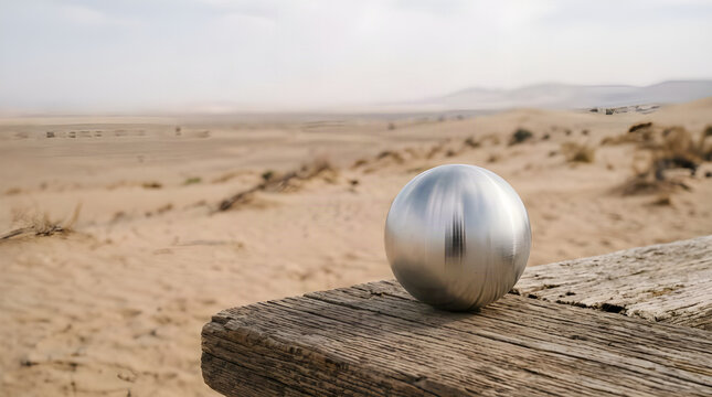 Polished metallic chrome sphere resting peacefully upon weathered wooden planks overlooking a vast barren desert landscape under bright daylight creating dramatic shadows and unique reflections showca