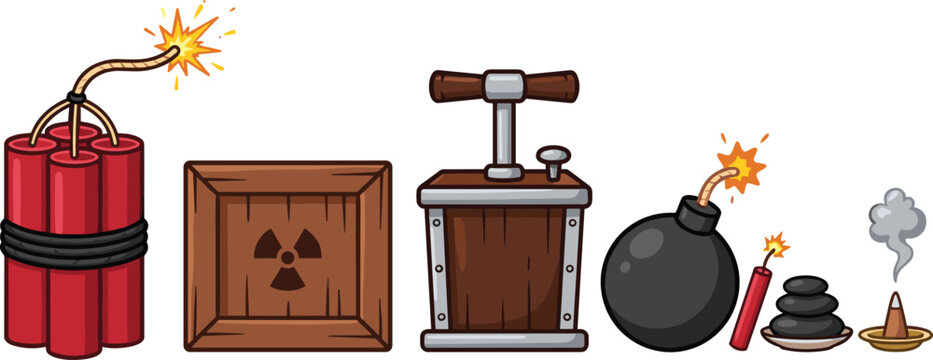 Explosive Weapon Icon Set with Dynamite Detonator Box Bomb and Fireworks for Mining Construction and Historical Military Strategy Video Game Designs