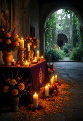 Fototapeta premium Dia de los muertos altar with marigold flowers and candles, traditional mexican celebration of life and death in a stone courtyard with floral decor
