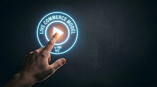 A hand touching a glowing digital play button interface representing a live commerce business model