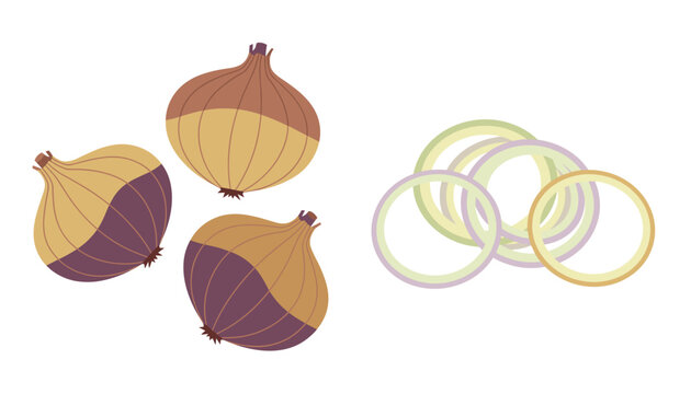 Fresh red onions shown whole and in sliced rings, illustrating ingredients for cooking and culinary preparation.