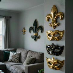 Fototapeta premium Mardi gras celebration and festive home decor, golden fleur de lis and venetian masquerade masks mounted on a living room wall for holiday party