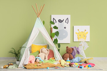 Childhood development and play, cozy nursery interior with teepee tent and educational toys for creative learning and early childhood education © Pixel-Shot