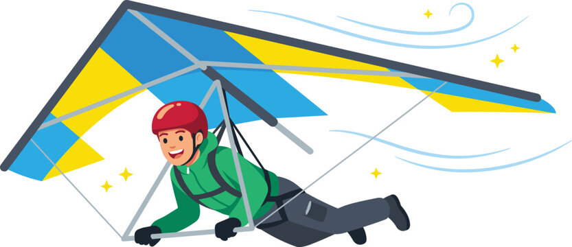 Extreme Sports Hang Gliding Vector Illustration Featuring Male Athlete Character Flying with Yellow and Blue Wing Glider for Adventure Graphic Designs