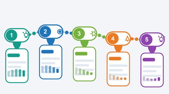 Animated 5-step process infographic with growth charts and icons for business strategy and data presentation