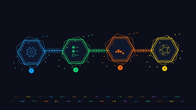 Animated 4-step infographic flowchart with hexagon icons and connecting arrows for business presentations and data visualization