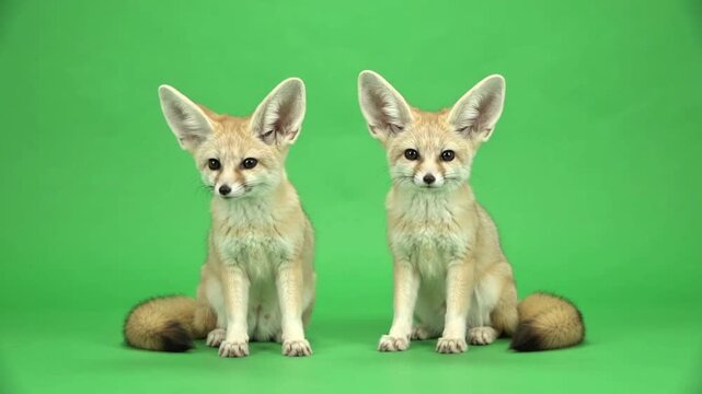Two cute baby fennec foxes sitting side by side tilting heads on green screen background
