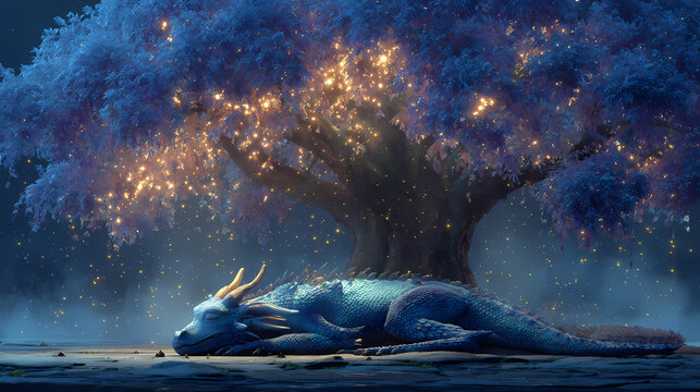 Ancient dragon lies asleep beneath a sprawling canopy of branches adorned with warm glowing yellow lights amidst a dark magical woodland.