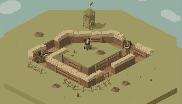 Soldiers in a bunker defensive position with sandbags, barbed wire, and a watchtower on a field in an isometric game style.