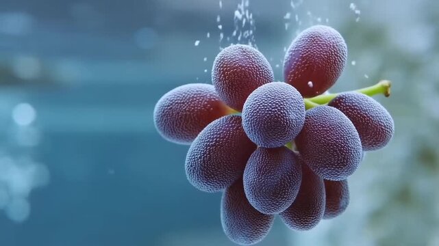 Slow motion tracking zoom of grapes falling and submerging with bubbles in water tank studio close up