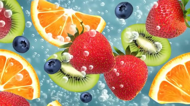 Slow motion close up of mixed fruit slices and berries rising through sparkling water against blue studio backdrop
