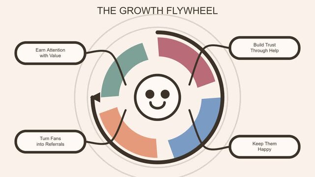 Animated business growth flywheel infographic diagram: marketing strategy and customer success process loop concept for corporate presentations and educational explainer