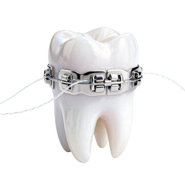 Close-up of a molar with orthodontic braces and archwire