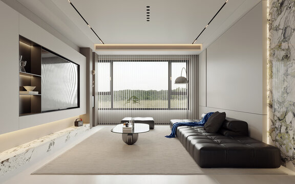 Modern Warm luxury cozy Living Room and tv wall and garden view background