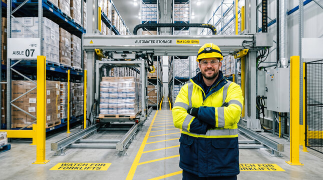 warehouse manager wearing hardhat yellow safety jacket standing arms crossed automated cold storage freezer facility logistics distribution center worker industrial supervisor