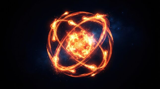 Abstract fiery atom model glowing in dark space.