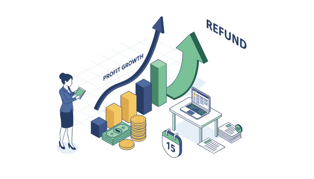 Financial professional analyzing profit growth and refund documents on a computer to manage successful business revenue and sales results.