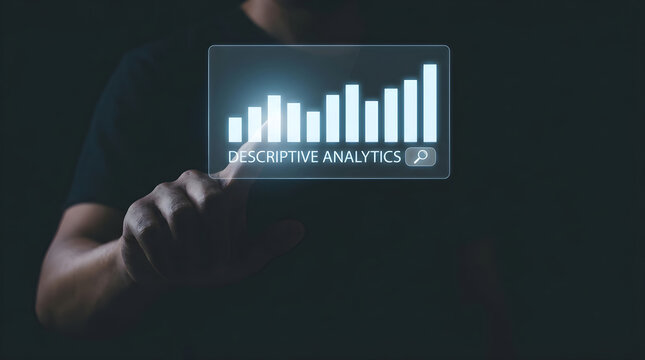 Person touching a digital interface showing a bar chart labeled descriptive analytics in dark background