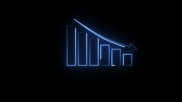 Downward chart animation displays falling business market columns on dark space. Revenue loss analytics track on chart. Consoles monitor active downward chart online.