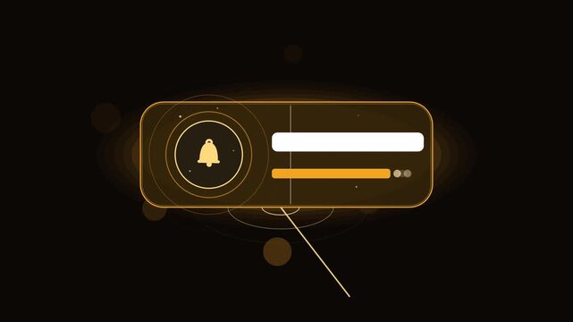 Animated glowing tech notification banner with bell icon and progress bar on dark background, alert subscribe
