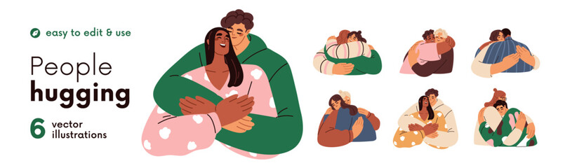 Fototapeta na wymiar Hug and support. Love couple, friends and happy family. Man and woman hug. People together, characters care, support and help. Couples, friends together. Persons embrace, trust, peace and sympathy