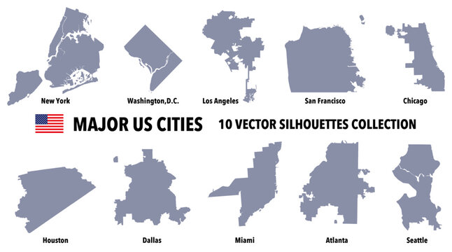 US Major Cities Map Silhouette Set including New York, Los Angeles, Chicago, San Francisco, Washington DC, Houston and Seattle