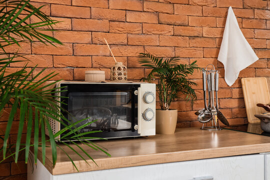 Home cooking and kitchen interior, modern microwave oven on wooden countertop with houseplant and brick wall background in a cozy apartment