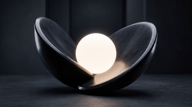 glowing illuminated sphere light orb resting inside dark curved ceramic bowl modern minimalist sculpture art design black table background decor interior