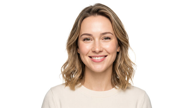 portrait smiling young blonde woman facing camera happy female face natural beauty teeth smile isolated white background headshot person model indoor