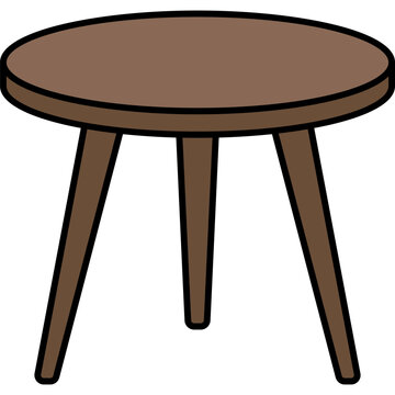 Minimalist vector graphic of a round brown wooden table with three tapered legs. The simple cartoon-style illustration is isolated against a solid black background, creating a clean look.