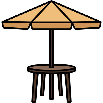 A minimalist vector illustration featuring a brown wooden patio table shaded by a beige sun umbrella. The composition is centered on a solid black background, using warm, earthy tones.